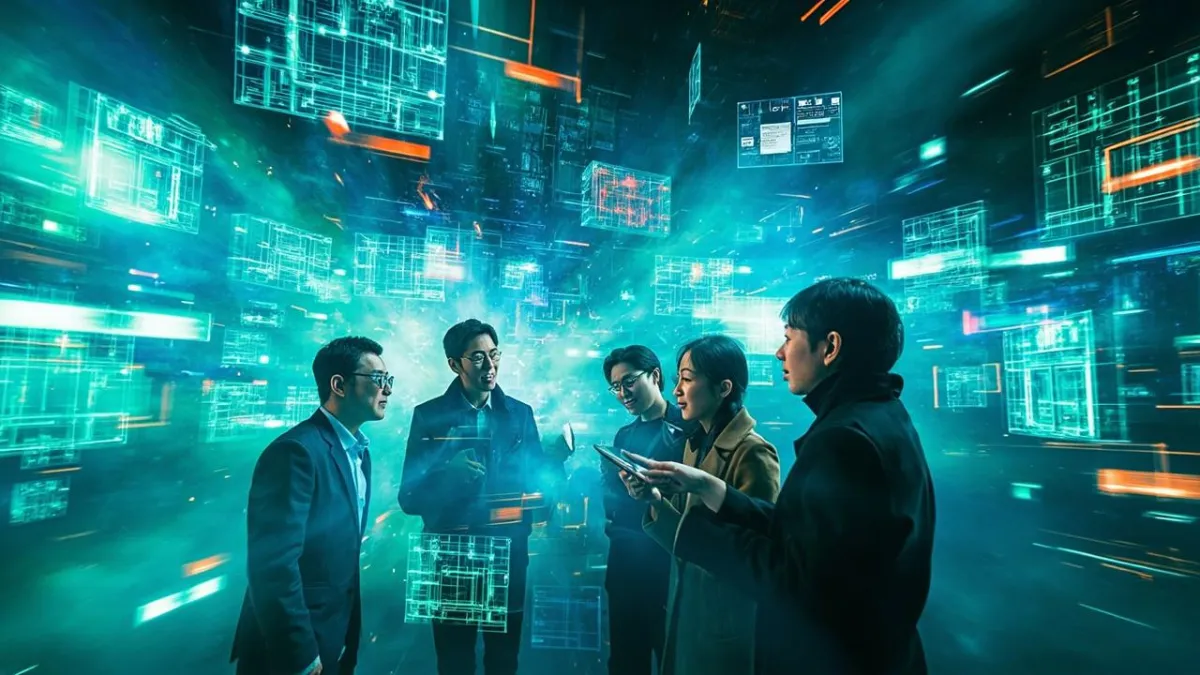 未來科技競爭的場景,三位東亞專業人士正在討論,周圍有展示AI模型和法規文件的全息顯示器