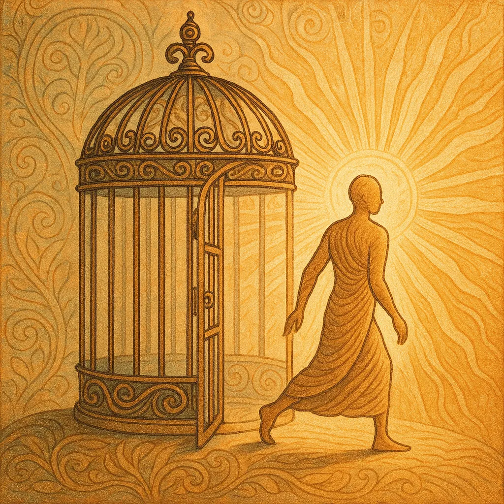 A person walking toward a sunrise from inside a symbolic prison, representing awakening and liberation.
