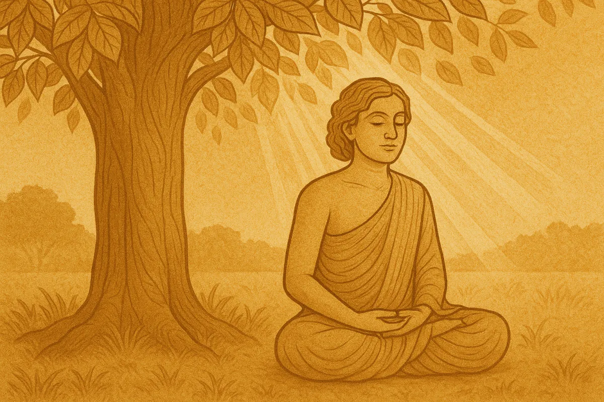 A person meditating under a tree with sunlight filtering through, symbolizing acceptance, healing, and awakening.