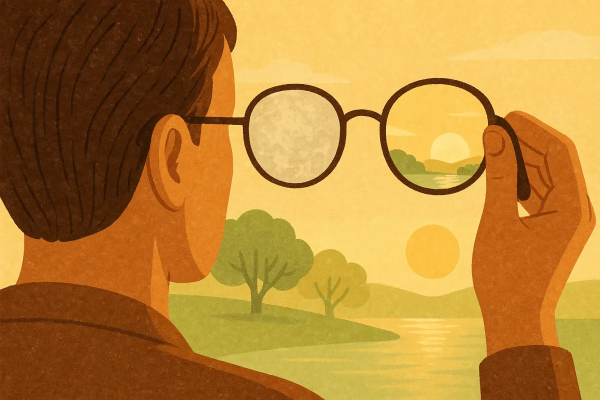 A person removing foggy glasses to reveal a peaceful natural scene, symbolizing awakening from past conditioning and seeing clearly.