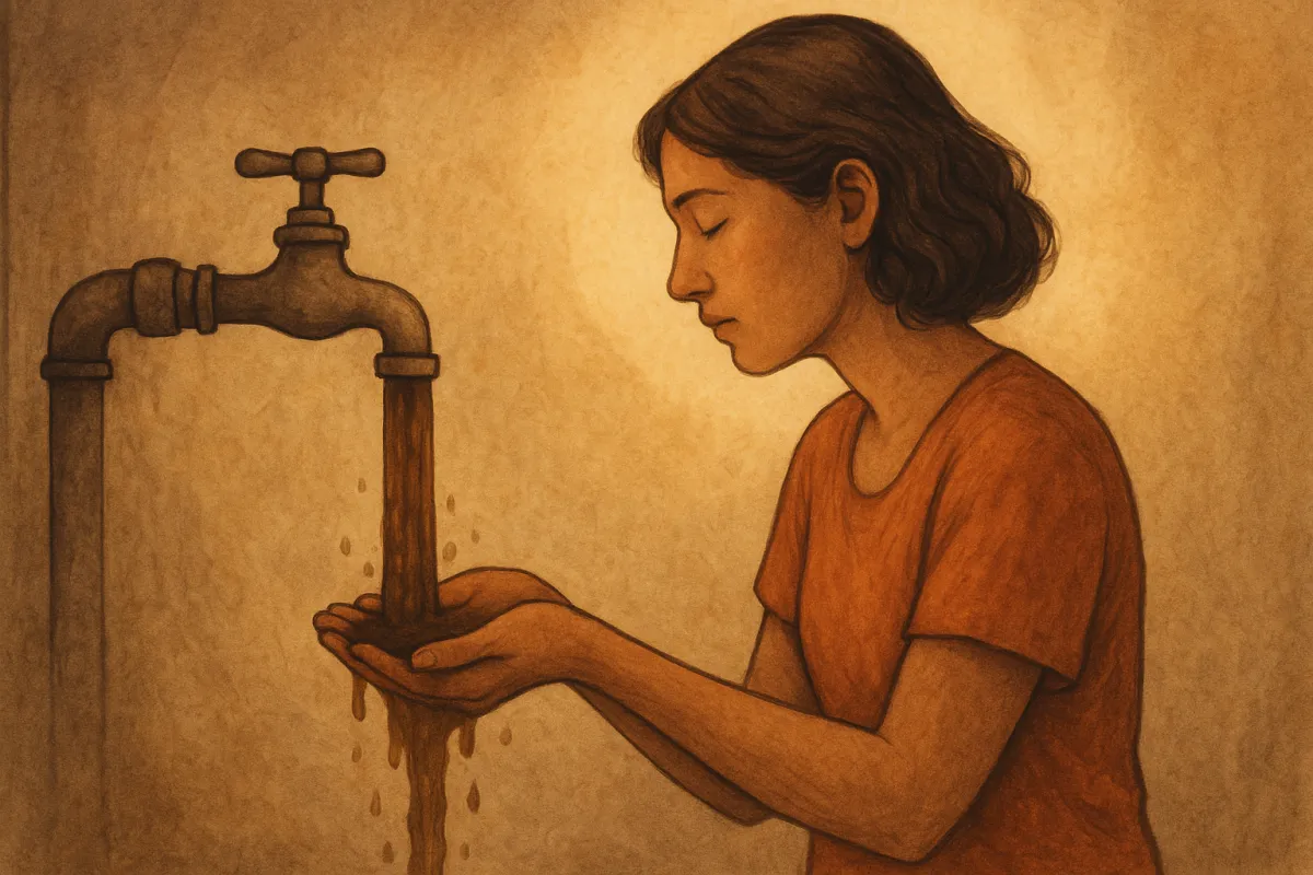 A woman turning on a rusty faucet, murky water flowing into her hands—symbolizing the release of suppressed emotions on the path to healing.