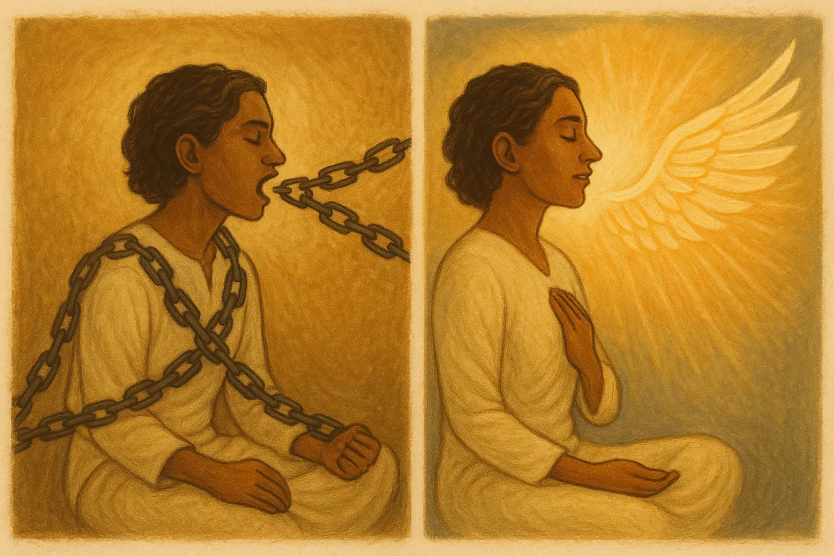 A person speaking, and the words physically turning into chains that bind their body—next to another version of the same person speaking light-filled words that become wings, symbolizing empowerment and spiritual awakening