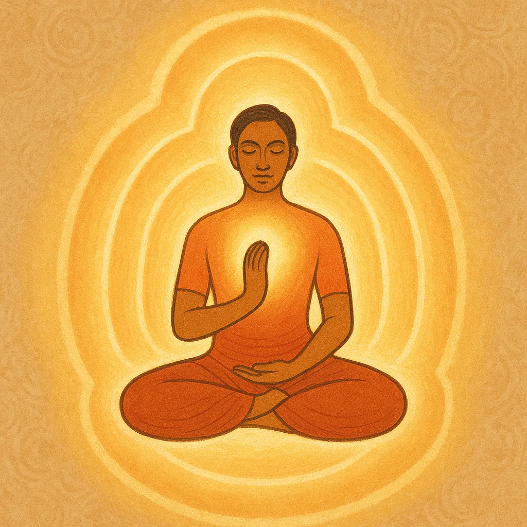 Meditating person surrounded by five luminous layers, symbolizing the koshas and integration of body and spirit