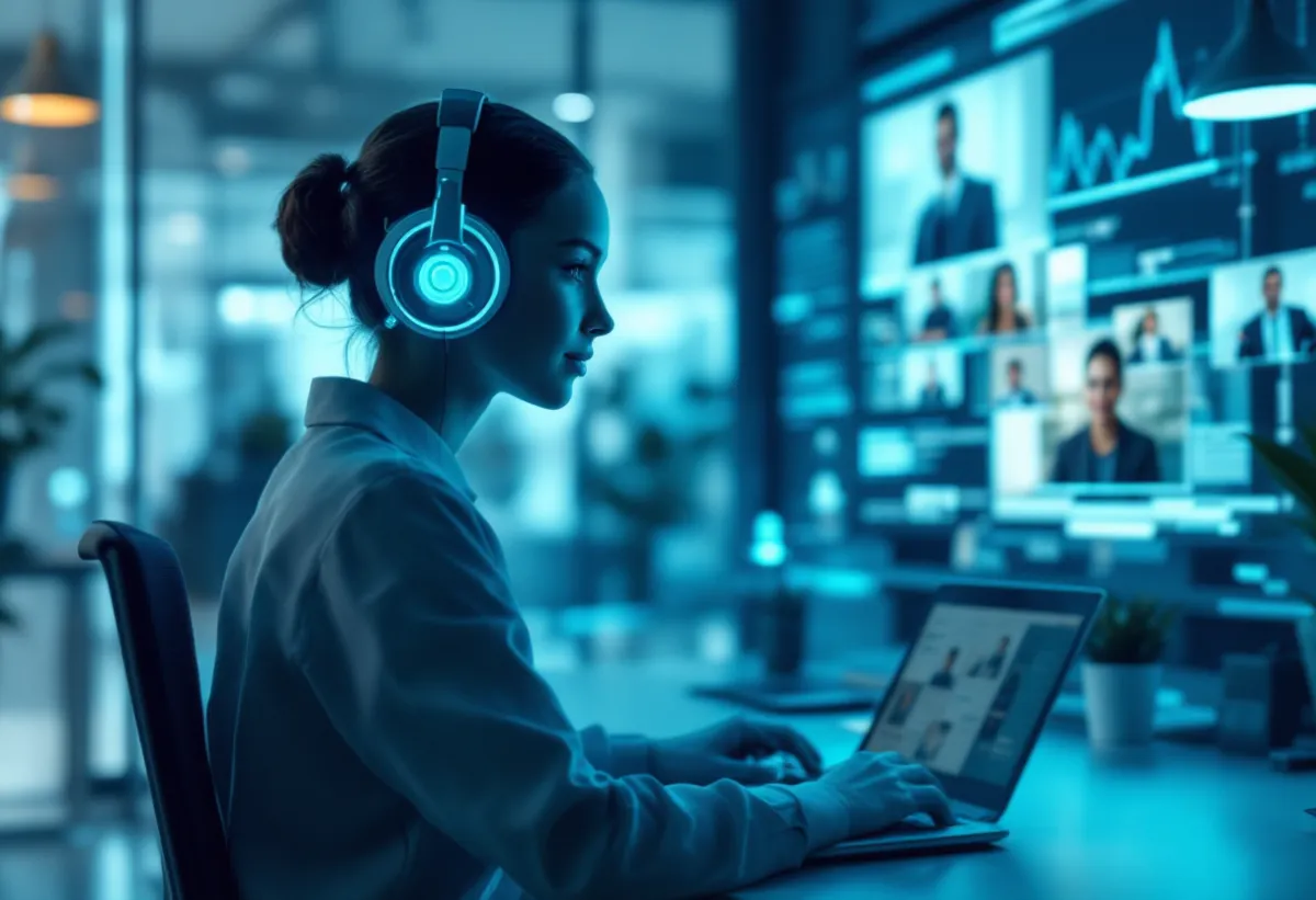 Um close-up futurista do cérebro de uma inteligência artificial, com circuitos e luzes azuis, sobrepondo um gráfico financeiro de crescimento. A imagem representa a IA conduzindo o crescimento e a eficiência financeira na geração de demanda.