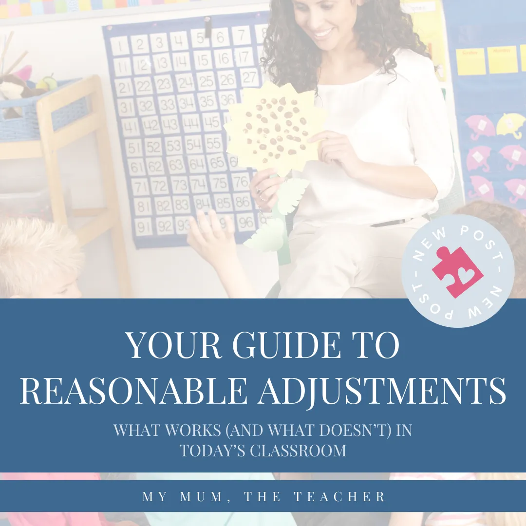 Teacher holding a resource in a classroom, with text overlay reading “A Teacher's Guide to Reasonable Adjustments". My Mum, The Teacher – New Post.