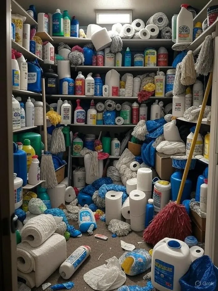Vacation rental cleaner checking low supply shelves while holding a clipboard, highlighting inventory management challenges.