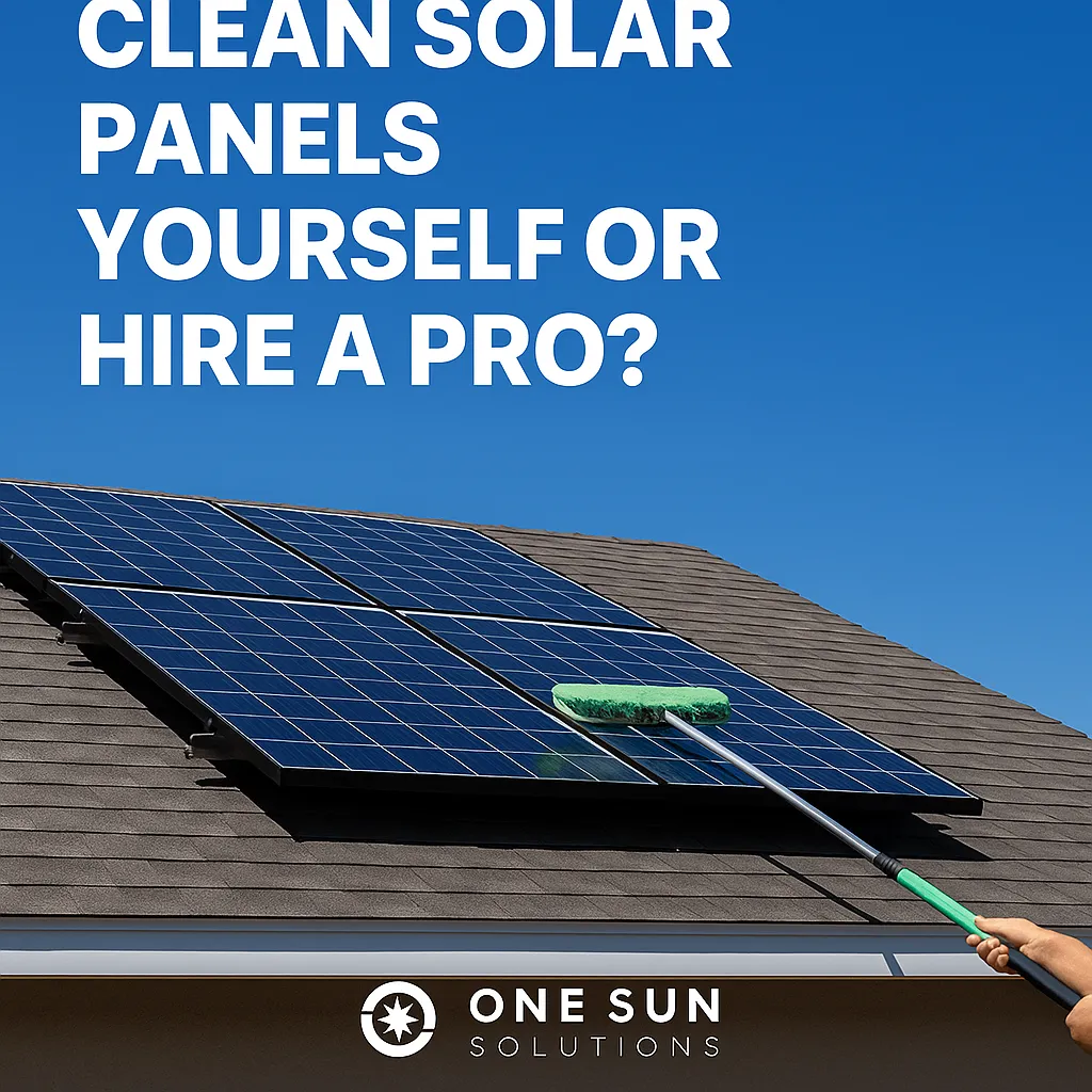"A rooftop solar panel system under a bright blue sky. Bold white text reads 'Should You Clean Solar Panels Yourself?' A yellow banner at the bottom says 'Avoid Damage. Let the Pros Handle It.' with the One Sun Solutions logo in the bottom right corner."  