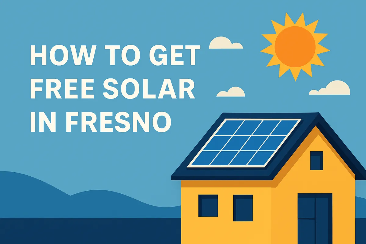 "Flat-style illustration of a Fresno home with solar panels and a sunny sky. Bold white text reads 'How to Get Free Solar in Fresno.' A yellow banner at the bottom says 'Book Your $0-Down Solar Consultation Today' with the One Sun Solutions logo in the corner." 