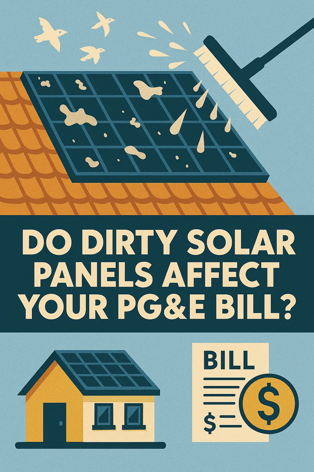 "A Fresno home with solar panels partially covered in dust and ash under a hot sun. Bold white text reads 'Do Dirty Solar Panels Affect Your PG&E Bill?' with a yellow banner at the bottom that says 'Stop Overpaying. Book Your Panel Cleaning Today' and the One Sun Solutions logo in the corner." 
