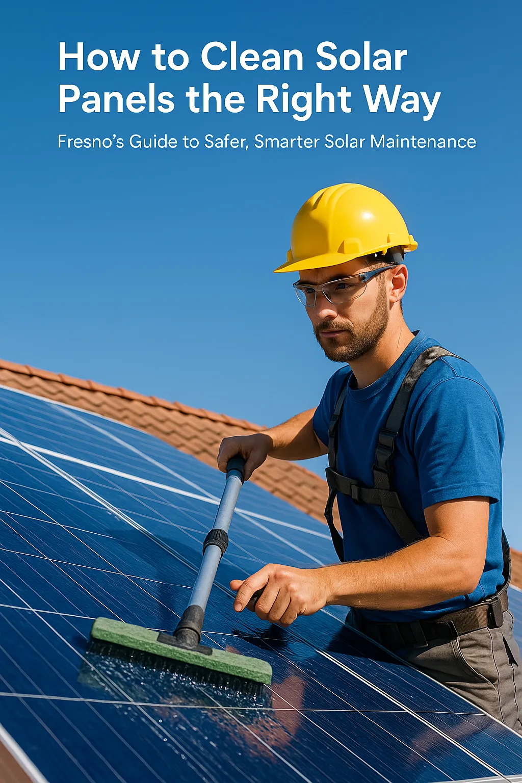 "A high-quality photo of a solar panel technician using a soft brush to clean rooftop solar panels on a residential home under a bright Fresno sky. Bold text overlay reads 'How to Clean Solar Panels the Right Way' with the One Sun Solutions logo in the bottom corner." 