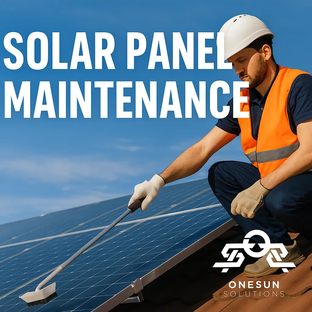 "A high-resolution image showing a solar panel maintenance technician inspecting and cleaning rooftop solar panels on a residential home in sunny weather, with tools and safety equipment in use."