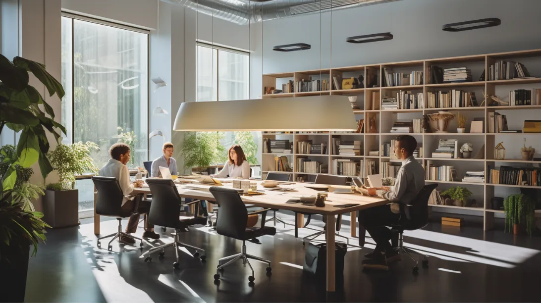 pristine, well-lit office with clean desks, organized shelves, and a few employees energetically collaborating around a spotless conference table