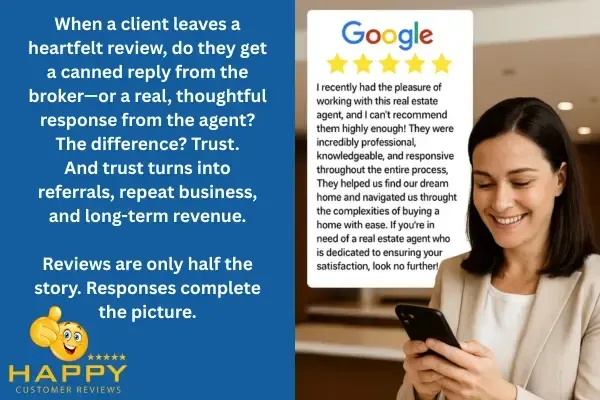 A real estate agent smiling reading her Google review