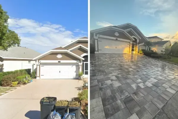 A before and after photo of a concrete driveway and then a finished driveway with pavers.