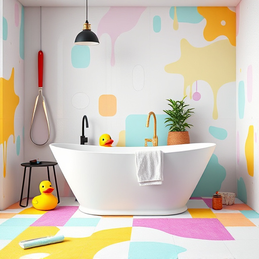 Alt text: A luxurious and tranquil bathroom setting for a blog cover on "bath remodeling companies." The elegant space features Victorian tiles reflecting soft natural light from a stained-glass window. A freestanding clawfoot bathtub, filled with bubbles, serves as the centerpiece, surrounded by vibrant green ferns and blooming flowers. The calm atmosphere invites daydreams of a spa-like retreat, enhanced by whimsical elements like a curious cat on the bathtub’s edge and a vintage clock with dials stuck at various times. The soothing color palette of aqua and lavender is complemented by touches of gold and cream, highlighting opulence. Intricate wall and floor tile patterns showcase detail and quality, while soft shadows add depth. An arched doorway in the background leads to a sunlit hallway adorned with botanical prints, balancing sophistication and whimsy, inspiring viewers toward bathroom transformation.