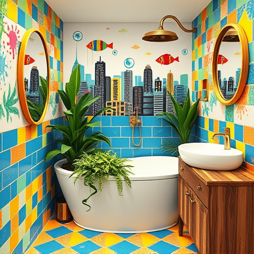 Alt Text: A vibrant and eclectic bathroom designed for tiny homes, featuring a compact stylish bathtub surrounded by lush greenery from oversized tropical and succulent plants. Brightly colored tiles with bold geometric patterns and funky mirrors in unconventional shapes adorn the walls. A uniquely crafted reclaimed wood vanity, splattered with colorful paint and adorned with mismatched vintage knobs, adds quirky charm. Surreal elements like floating rainbow-hued soap bubbles and a whimsical octopus-shaped showerhead enhance the playful atmosphere. The background showcases a mural of a city skyline made from bathroom essentials, with playful fish swimming in it, emphasizing relaxation and self-care. The color palette of bold blues, yellows, and greens creates an inviting energy, highlighting creative and smart use of space while embracing the concept of stylish tiny living. The PopArt style infuses the imagery with exaggerated colors and playful details, inspiring imaginative bathroom transformations.