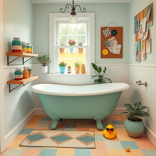 Alt text: A Rococo-inspired bathroom scene in Bardstown, Kentucky, featuring an opulent freestanding bathtub with intricate gold leaf detailing and plush pastel cushions. Surrounding porcelain tiles with soft floral patterns reflect local botanical beauty. Soft natural light streams through paisley-draped curtains, illuminating vintage glass jars filled with lavender and rosemary. An ornate baroque mirror playfully distorts reflections of elegant fixtures. Hand-painted ceramic soap dishes shaped like local birds and a quirky vine motif shower curtain add personality. The soothing color palette of greens, blues, and whites creates a tranquil atmosphere. An arched window reveals a picturesque view of lush greenery and historic buildings, emphasizing the regional charm and inspiration behind the bathroom design trends.