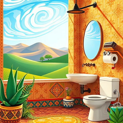 Alt text: A Cubist-style cover for a blog post on bathroom design trends in Berea, Kentucky, featuring an abstract representation of a bathroom. Geometric shapes illustrate unique bathtubs, sinks, and vanities that blend rustic charm and modern elegance. The soft color palette of blues and greens, with earthy browns, evokes a serene mood. Surrounding elements include locally inspired mosaic patterns reminiscent of quilt designs and Appalachian motifs. Quirky details like an oversized plant pot next to the bathtub and an abstract melting clock add whimsy. The background shows Kentucky's rolling hills through a window, with Cubist clouds enhancing the artistic composition. The focus is on design without human figures, showcasing layered textures and depth.