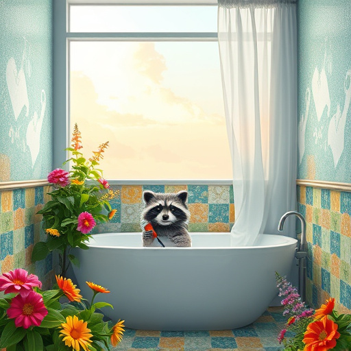 Alt text: "A captivating digital artwork showcasing various stylish bathroom flooring options, including sleek tiles, warm hardwood, and vibrant vinyl, arranged in a visually striking collage. The swatches overlap in appealing patterns featuring subtle water droplets for a fresh touch. A playful potted cactus and a cheerful rubber duck are nestled among the flooring samples. The softly blurred background features a modern bathroom setup with stylish fixtures, greenery, and a fluffy towel, creating a calm and inviting atmosphere. The color palette combines soft pastels and earthy tones, conveying tranquility and warmth, perfect for home improvement inspiration on selecting bathroom flooring."