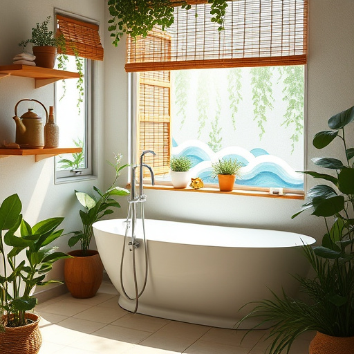 Alt Text: A serene and eco-friendly bathroom featuring a stylish freestanding bathtub surrounded by lush greenery and vibrant plants cascading from handmade wooden shelves. Soft natural light filters through bamboo blinds, casting gentle shadows in earthy tones of greens, browns, and blues. The calming atmosphere is enhanced by a quirky showerhead shaped like a leafy plant, with sparkling water droplets, and eco-conscious accessories like a soap dispenser resembling a tiny watering can. Potted herbs like mint and lavender thrive on the window sill, while walls adorned with mosaics of recycled glass tiles reflect light uniquely. A cleverly designed eco-friendly wooden sink integrates smoothly with nature, complemented by a tiny frog peeking from the plants, adding a whimsical touch. In the backdrop, an abstract mural of waves and leaves represents water conservation and natural beauty, creating a harmonious blend of tranquility and environmental themes that invites viewers to envision a personal bathroom oasis.