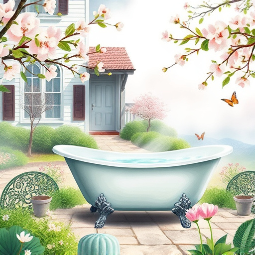 A luxurious bathroom in a serene Taylorsville, Kentucky home features a freestanding tub surrounded by lush greenery and vibrant houseplants cascading from the windowsills. Natural light floods the space through a large open window, highlighting polished marble countertops and vintage-style fixtures with rustic patina. A whimsical rubber ducky floats in the tub, while a curious cat peeks through a lush fern, adding warmth to the scene. An ornate mirror with floral carvings reflects the elegant details, and floating candles cast gentle shadows, enhancing the calming ambiance. The soft wallpaper in muted greens and creams echoes nature’s palette, while nature-themed artwork above the tub complements the tranquil setting. Light filters through frosted glass, creating an ethereal glow, and the overall atmosphere combines professionalism with a sophisticated touch, showcasing the artistry of expert bathroom renovations. Rich colors and intricate details in a High Renaissance art style highlight the luxurious and personalized experience.