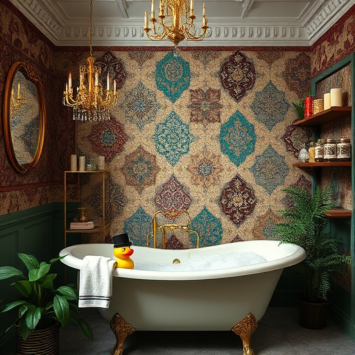 A visually striking blog cover image illustrates 'Regional bathroom design trends for Paris, Kentucky' in elegant Art Deco style. The composition features a sophisticated bathroom setting with vintage fixtures, including a clawfoot tub adorned with intricate metal detailing and a stylish pedestal sink. Bold geometric patterns characteristic of the Art Deco era enhance these focal elements. Surrounding the fixtures are lush green ferns and chic potted plants, introducing a refreshing contrast and a natural touch. The background highlights a gently arched window reminiscent of historic architecture, allowing warm, diffused sunlight to illuminate the space, fostering a calm and inviting atmosphere. 

A whimsical touch is added with a wall clock shaped like a vintage bathtub and a decorative towel rack styled like a Kentucky horse bridle, reflecting local culture. The color palette blends rich teal and muted gold hues, conveying a professional yet approachable mood, balanced by cream and soft pink accents for warmth and charm. Artful details such as engraved patterns on the glass and a luxurious mirror framed in ornate deco motifs enhance the room's sophistication. Overall, the image captures a blend of elegance and quirky personality, inviting viewers to explore the allure of bathroom design in a small town setting.