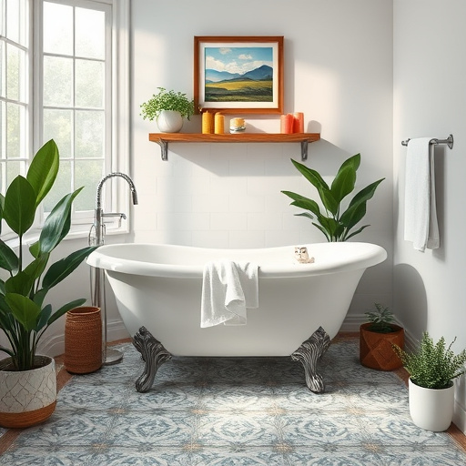 Alt text: A photorealistic blog cover image showcasing a beautifully renovated bathroom in Midway, Kentucky. The image features a clawfoot tub with matte black hardware and a rustic wooden vanity. Lush green plants on the window sill add vibrancy. Soft natural light enters through a large window, illuminating the intricate tile floor with a geometric pattern in grays and whites against smooth smoky blue walls. Quirky elements include a vintage clock shaped like a bathroom scale and a whimsical duck-patterned shower curtain. A decorative shelf above the tub displays colorful bath bombs and uniquely shaped bottles. Warm wooden ceiling beams and framed vintage Kentucky landscapes enhance the local charm, creating a soothing ambiance with a color palette of soft pastels and earthy tones, emphasizing craftsmanship and trustworthiness in bathroom design.