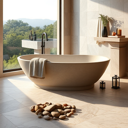A serene and inviting bathroom scene in an impressionist style, featuring an elegantly tiled floor that reflects soft, dappled light. The walls display textured, muted tones of soft aqua and warm beige. A classic freestanding bathtub serves as the centerpiece, surrounded by lush greenery including potted ferns and flowering plants, creating a tranquil spa atmosphere. The calm and professional tone appeals to homeowners looking to enhance their sanctuary. Quirky details include a vintage flower-inspired ceiling light and playful bath accessories like a rubber ducky peeking from a fluffy towel, showcasing the personal touch of skilled contractors. An airy window draped with soft linen curtains allows gentle sunlight to create atmospheric reflections. The color palette of soothing greens, soft blues, and warm creams blends harmoniously through soft brush strokes, emphasizing both the practicality and artistry of bathroom renovation, ideal for envisioning a perfect retreat in Versailles, Kentucky.