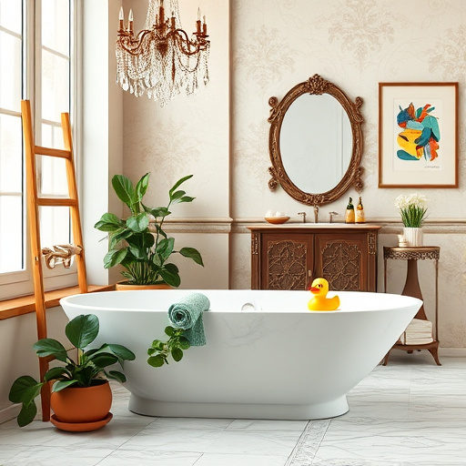 A whimsical FolkArt scene depicting a cozy bathroom transformation. At the center, a vintage clawfoot bathtub overflowed with vibrant plants, enhancing the lively atmosphere. Brightly colored, intricately patterned tiles adorn the walls, while an oversized flower-shaped showerhead playfully releases water droplets with cartoonish smiles. The cheerful tone reflects comfort and relaxation typical of remodeled spaces. A ceramic frog sits atop fluffy towels, adding humor, and a rubber duck in a cowboy hat floats in the bathtub, embodying a fun-loving spirit. The backdrop features charming painted wainscoting with hand-drawn flowers and light filtering through a stained-glass window, creating colorful patterns on the floor. The color palette includes soft pastels—peach, lavender, and mint green—contrasted by vibrant accessories. This creative depiction radiates warmth and the excitement of home renovation, inspiring readers interested in remodeling their own spaces.