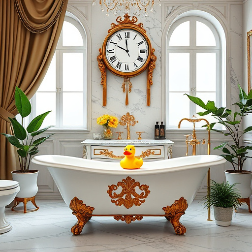 A luxurious Baroque-style bathroom featuring a stunning clawfoot bathtub with intricate gold detailing as the focal point, surrounded by ornate fixtures and elegant marble walls. Large windows with heavy drapery allow soft, diffused light, creating a serene ambiance. A playful touch is added with a rubber duck wearing a tiny crown in the bathtub, symbolizing royalty in home renovation. Above the vanity, a vintage clock humorously displays times labeled “Inspiration,” “Design,” and “Completion,” representing the remodeling process. Lush indoor plants in decorative pots enhance the vibrant green hues in the opulent space. The color palette consists of rich golds and deep blues against contrasting whites, conveying luxury and tranquility. Graceful lines and curvatures typical of the Baroque style, along with ornate trim, emphasize the grandeur and craftsmanship representative of the best bathroom remodeling company in Berea, Kentucky.