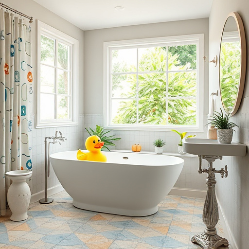 Alt text: A cozy bathroom designed for winter renovations, featuring a beautifully ornate bathtub and frosted glass windows that filter soft sunlight through snowflake patterns. Outside, snow-covered pine trees enhance the tranquil atmosphere. The walls are decorated with shimmering icy blue tiles, while lush fern plants add warmth. Fluffy white towels shaped like snowflakes hang on a heated towel rack, alongside a whimsical shower curtain depicting playful snowmen. A stylish wooden stool displays colorful bath products with humorous labels. The color palette combines cool blues and whites with warm wood tones, creating a balanced and inviting winter retreat. The artistic design highlights whimsical swirling patterns, evoking a cozy winter ambiance perfect for inspiration in bathroom renovations.