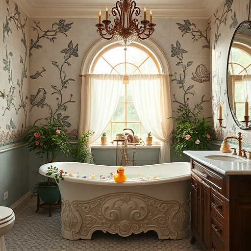 A visually captivating blog cover image focused on "Steps to Remodel a Bathroom," depicting a serene bathroom scene that highlights various stages of remodeling. The foreground features a bathtub surrounded by neatly organized tools, such as brushes, a tile cutter, and vibrant paint cans, symbolizing ongoing transformation. A half-tiled wall reveals colorful mosaic patterns beneath, while wooden shelves display lush green plants and a stylish mirror framed in natural wood reflects staged progress amidst artistic clutter. Quirky details include a playful rubber duck peeking from behind a roll of wallpaper and a whimsical showerhead designed like a flower, adding humor and charm. The background showcases subtle hand-drawn floral motifs reminiscent of the Arts and Crafts Movement, enhancing the aesthetic and promoting connections to nature and craftsmanship. The color palette combines soft pastels and earthy tones, with greens, blues, and creams, creating a tranquil atmosphere that resonates with the theme of bathroom remodeling and inspires DIY enthusiasts envisioning their own projects.