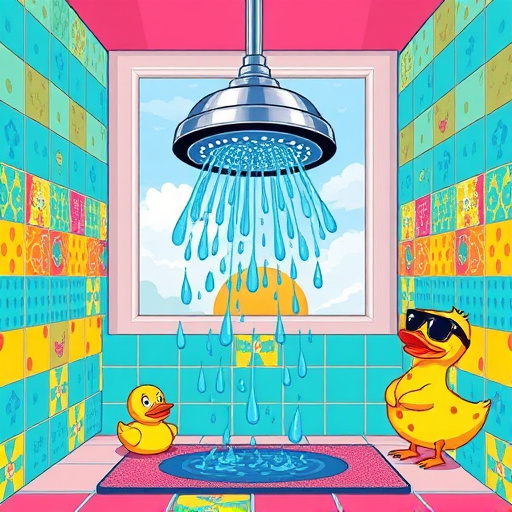 Alt text: A vibrant PopArt cover image centered on "Bathroom Remodeling Services near Taylorsville, Kentucky," featuring a stylish modern bathroom with a sleek bathtub, elegant sink with bold faucets, and colorful retro-inspired tiles in bright blues and vivid yellows. The walls showcase abstract shapes, creating a rejuvenating atmosphere. Quirky accessories like a rubber duck wearing sunglasses and a whimsical plant pot add personality, while an oversized mirror reflects the lively space. The background subtly hints at a serene Kentucky landscape with gentle hills and trees, all rendered in a color palette of bright magentas, yellows, and fresh greens. The dynamic lines and comic-style elements suggest inviting remodeling services, making the image a playful representation of home improvement possibilities.