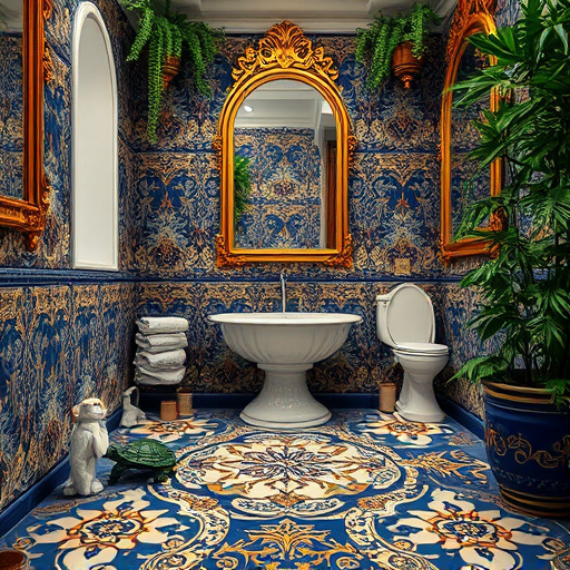 A serene bathroom featuring a walk-in bathtub as the focal point, elegantly crafted from natural materials and adorned with intricate details reminiscent of traditional Native American pottery. The room includes rich Native American art motifs integrated into the tile patterns, showcasing vibrant geometric shapes and nature-inspired designs that reflect cultural heritage. Surrounding the tub are lush potted plants, including ferns and jade plants, adding life and tranquility. Gentle steam rises from the water, enhancing the calming atmosphere, while light filters through a stained glass window, casting colorful shadows on the floor. A playful turtle motif carved into the bathtub symbolizes longevity and tranquility. Rustic wooden accents and woven Native American textiles hang on the walls, providing warmth to the modern amenities. Meticulously arranged bath accessories, such as handmade soaps and natural oils, rest on a floating shelf, enhancing the organic aesthetic. The vibrant earthy color palette of terracotta, deep reds, and tranquil greens unites the space, inviting viewers to envision a harmonious blend of comfort, culture, and well-being.