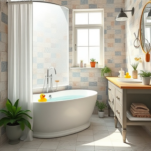 Alt Text: A lavish Rococo-inspired bathroom in Richmond, Kentucky, features a high-end walk-in shower with golden fixtures, intricate floral patterns, and frosted glass that sparkles. Surrounding elements include delicate porcelain soap dishes shaped like shells, antique racks with elegantly draped towels, and a tiled floor adorned with a soft mosaic of blues, creams, and pastels. Lush indoor plants soften the opulent space, while iridescent tiles evoke a spa-like tranquility. An ornate Rococo mirror reflects soft light, enriching the atmosphere, and playful cartoonish water droplets leap from the taps. Dappled sunlight filters through a grand window with sheer fabric, casting a dreamlike ambiance, while delicate chandeliers sparkle with teardrop crystals. The overall palette blends soft pastels and shimmering golds, highlighting the beauty of home renovation and luxury design.