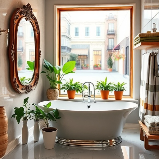 A stylish modern bathroom featuring a sleek illuminated motion sensor light mounted above a beautifully designed mirror. The mirror reflects soft warm light, casting a gentle glow over pale blue and soft white tiles that emphasize cleanliness and accessibility. A minimalistic vanity displays a folded towel and a small potted plant, adding nature and warmth without clutter. In the background, a subtly patterned shower curtain complements the design while maintaining openness. A whimsical cartoon light bulb character peeks from behind the vanity, exuding playful energy and a cheerful expression. The scene conveys a calm and welcoming mood, promoting a sense of security for accessible bathroom solutions. Soft diffuse lighting enhances the tranquil atmosphere, while a pastel color palette with cream and sky blue evokes serenity and accessibility. This visual narrative highlights the innovative yet comfortable lifestyle enabled by motion sensor lighting in accessible bathrooms.