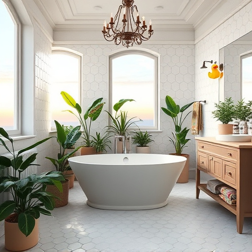 A serene bathroom setting featuring a luxurious freestanding double vanity made of rich walnut wood with a polished marble countertop, illuminated by soft, warm lighting. The vanity is flanked by silk-covered sconces that enhance the ambient glow. Surrounding the central piece are smaller vanities, including a bright glossy white model and a rustic reclaimed wood option, each accompanied by quirky, artistic mirrors positioned at playful angles. A plush, fluffy bath mat in a soft pastel color adds whimsy to the scene, complemented by neatly arranged vintage apothecary jars filled with colorful soaps. In the background, lush greenery is visible through a frosted window, allowing natural light to filter in and reinforcing the organic feel of the space. An artistic framed watercolor illustration of hydrangeas further enhances the decor, with a color palette of soft blues, earthy greens, and warm neutrals creating a tranquil atmosphere. This photorealistic image reflects elegance and functionality in bathroom design, inspiring viewers to envision their personal style in a serene setting.