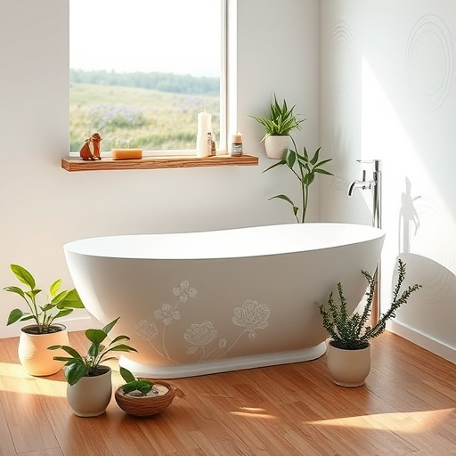 A beautifully remodeled bathroom scene showcasing modern design elements on a budget. The image features a sleek, modern bathtub filled with colorful rubber ducks and surrounded by eco-friendly fixtures. A stylish vanity is adorned with vibrant plants and well-arranged bath accessories, contributing to the warm and inviting atmosphere. The background displays a creatively tiled wall, combining vintage and contemporary tiles, enhancing the artisanal feel. Bright colors like soft blues and greens dominate the scene, while neutral tones ground the features. Natural light filters through a frosted window, casting gentle shadows that emphasize the textures of wood and ceramic. A playful shower curtain with cartoon-style tools and paintbrushes adds a whimsical touch, encouraging viewers to imagine their own affordable bathroom transformations.