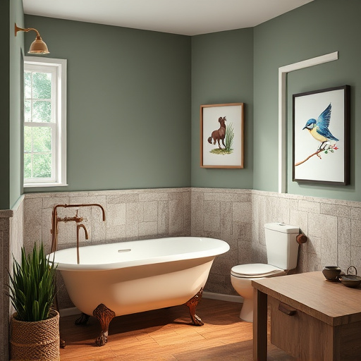 A luxurious bathroom scene portraying Baroque elegance, featuring ornate fixtures, intricately detailed cabinetry, and a grand chandelier. The centerpiece bathtub is filled with shimmering water, reflecting warm candlelight, surrounded by deep colors of emerald green and royal gold. Fluffy towels in rich hues drape over an antique chair with intricate carvings. A vintage mirror framed in gilded detail hangs above a double sink vanity with polished marble tops. Delicate floral arrangements of peonies and tulips in porcelain vases add freshness, with reds and creams complementing the opulent style. The mood is serene yet lavish, enhanced by dramatic light and shadow interplay. Quirky details like a curious cat peeking from behind the bathtub and playful rubber ducks wearing crowns add personality to the scene. In the background, rolling green hills of a Kentucky landscape are subtly framed by the intricately carved window, blending luxurious interior with the charm of Lexington. This image embodies the essence of sophisticated bathroom remodeling, evoking inspiration through lush, rich colors aligned with Baroque aesthetics.