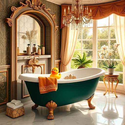 A serene bathroom space featuring a stylish freestanding tub with a vintage-style faucet, surrounded by lush potted plants, creates a fresh atmosphere in a cozy Shelbyville, Kentucky home. Soft, natural light filters through frosted glass windows, illuminating the intricate mosaic tile floor that reflects the beauty of the Kentucky landscape. Quirky details like a tiny ceramic owl in a bathrobe and whimsical bath accessories shaped like local flora add playful charm. Above the tub, a floating wooden shelf showcases colorful candles and artisanal soaps, complementing a framed local landscape painting on the wall. The soothing color palette of soft blues, greens, and warm earthy tones enhances the mood of relaxation and self-care, inviting viewers to appreciate both functionality and artistic flair in local bathroom renovations.