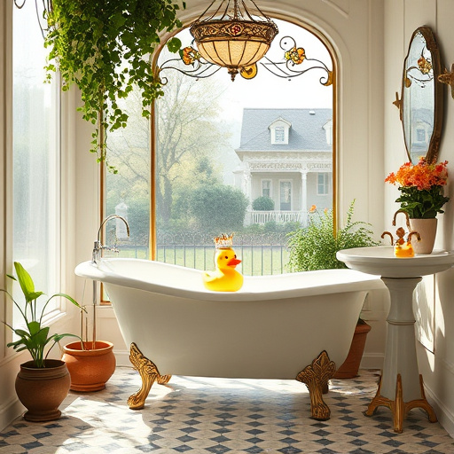 Alt Text: A hyperrealistic bathroom scene showcasing 'End of Year Bathroom Remodeling Discounts.' The focal point is a lavish freestanding soaking tub illuminated by soft ambient lighting, creating a cozy atmosphere. A sleek, frameless glass shower enclosure with elegant mosaic tiles complements the space. The walls exhibit a calming blend of creamy whites and gentle grays. Quirky elements include a whimsical rubber duck in a tiny Santa hat floating next to a stack of colorful bath towels in seasonal colors—deep red, forest green, and soft gold. Above a stylish double sink with playful bubbles from a faucet hangs a vintage mirror with intricate detailing. A window with sheer curtains allows gentle sunlight to fill the room, revealing a wintery scene with light snowfall outside. A small decorative plant on the windowsill adds freshness to the luxurious setting. Discount tags are artfully placed on the tub and tiles, harmonizing with the warm neutral color palette accented by seasonal pops of color, inviting viewers to imagine their dream bathroom amidst exciting year-end deals.