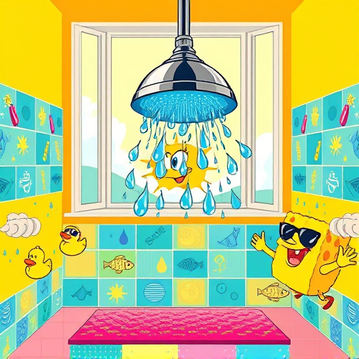 Alt Text: A colorful PopArt cover for the blog "How to Waterproof a Bathroom," featuring a large, stylized showerhead splashing bright blue droplets that resemble whimsical rain. Surrounding the showerhead are vibrant tiles with playful patterns of fish, raindrops, and bubbles, set against walls in exaggerated aqua and sunshine yellow hues for a cheerful retro look. Quirky elements like rubber ducks in sunglasses and a smiling sponge on a funky bath mat add a lighthearted touch. The background shows a window with a cartoonish sun and fluffy clouds, creating a bright, inviting atmosphere. Bold lines and vivid colors like electric pinks and vibrant greens enhance the dynamic quality, while whimsical water splashes with comic-style word bubbles hint at maintenance tips, embodying a fun and engaging spirit that encourages readers to approach bathroom projects enthusiastically.
