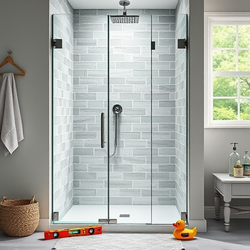 A beautifully designed walk-in shower takes center stage in a blog cover image for shower installation in Lexington, Kentucky. The shower features sleek glass doors, modern fixtures, and a stylish tiled interior with shades of teal and gray, creating a fresh and calming atmosphere. Surrounding the shower are home improvement tools, including a spirit level and tile samples, adding authenticity and professionalism. Playful details like a rubber duck and a quirky shower caddy filled with colorful bath products introduce a whimsical element, while the softly blurred background reveals a cozy bathroom setting illuminated by natural light from a nearby window. Lush greenery is visible outside, connecting the interior to Lexington's beauty. The image adopts a 'Social Realism' art style, emphasizing realism with a muted color palette of soft grays, warm whites, and serene blues, capturing the inviting and professional essence of bathroom design.