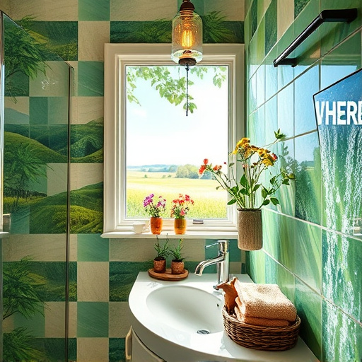 A vibrant expressionistic cover image depicting "Eco-friendly Bathroom Remodeling" in Georgetown, Kentucky. The focal point is a beautifully remodeled bathroom featuring sustainable materials like bamboo cabinets and recycled glass tiles, complemented by a water-saving shower that resembles an enchanting waterfall. Lush murals of Kentucky nature adorn the walls, showcasing rolling hills and wildflowers, instilling a sense of calmness. Soft light filters through a large window, casting intricate patterns of greenery on shimmering surfaces, creating a warm atmosphere. A whimsical ceiling light made from vintage mason jars overflows with wildflowers, blending rustic charm with modern eco-consciousness. The sink area displays colorful handmade pottery soap dispensers shaped like local wildlife, promoting zero waste, alongside a basket of organic cotton towels. The mood is playful yet relaxed, utilizing a color palette of vibrant greens, soft blues, and warm earthy tones, evoking tranquility and celebrating nature. Fading rural landscapes are visible through the window, grounding the scene in Georgetown, Kentucky, while the expressionistic style enhances the image's vibrancy and emotional resonance, ideal for a blog cover on sustainable bathroom remodeling.