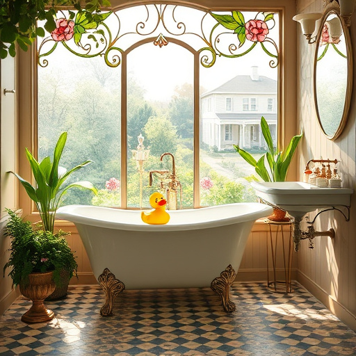 Alt Text: A luxurious Baroque-style bathroom remodel in Paris, Kentucky, featuring an ornate clawfoot bathtub at the center of a richly decorated space. Intricately designed tiles with swirling patterns in deep blues, warm golds, and soft creams surround the tub, enhancing the elegance. Soft ambient lighting illuminates vintage mirrors and gilded frames with abstract art on the walls. A lavish chandelier with crystal accents hangs overhead, while lush potted ferns and delicate orchids add natural elements. Quirky details include a playful rubber ducky among vintage soap dishes and a seashell-shaped soap dispenser. An antique wooden vanity displays colorful bath accessories and plush towels. A large window with heavy draperies reveals the serene Kentucky countryside, blending elegance with whimsy in a dreamlike bathroom retreat.