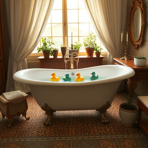 Alt text: An elegant Art Deco-inspired bathroom featuring a freestanding black-and-white striped bathtub with a shiny chrome faucet. The backdrop includes intricately designed geometric-patterned black and white tiles, creating a bold visual contrast. Stylish mirrors with ornate frames enhance the vintage luxury feel, reflecting soft light from wall sconces. A chic oversized black velvet armchair draped with a patterned throw adds sophistication, while black and white striped towels hang on a decorative brass towel rack alongside a glossy rubber duck. The scene includes a stylish sink with a black marble countertop, adorned with artisanal soap dispensers and potted ferns. Soft shadows play across the tile floor, and light filters through frosted glass windows, enhancing the atmosphere of calmness and refinement and celebrating contemporary design trends.