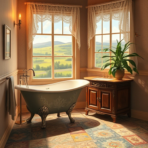 Alt Text: A serene bathroom in Harrodsburg, Kentucky, featuring a freestanding soaking tub positioned by a large window with sheer curtains, allowing golden sunlight to illuminate the space. The tub is surrounded by lush green ferns and potted plants, enhancing the tranquil atmosphere. The floor and backsplash showcase traditional Kentucky-patterned tiles alongside a rustic wooden vanity adorned with vintage fixtures. Unique decor items include a whimsical horse-shaped soap dispenser and a vintage wall clock set to “bath time.” The background reveals scenic bluegrass hills, connecting the interior to its Kentucky roots. The art style reflects Social Realism with a soft color palette of muted greens, warm browns, and gentle whites, creating a welcoming retreat that highlights custom bathroom design and a blend of artistry and functionality.