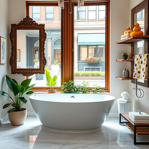 A hyperrealistic cover image for a blog about "Trusted Bathroom Contractors in Louisville, Kentucky," featuring an elegant bathroom scene. The image showcases a stunning freestanding soaking tub reflecting soft golden light from a large window. Surrounding the tub are lush green plants in tasteful ceramic pots, adding vibrancy. Opposite, a sleek vanity with an intricate antique-style mirror reflects polished wood and marble textures. Neatly arranged towels in warm colors adorn floating shelves, creating a homey atmosphere. A whimsical shower curtain with tiny rubber ducks introduces a hint of charm. The serene mood is enhanced by soft blues, whites, and earthy tones from wooden elements. In the background, a blurred view of a quaint Louisville streetscape with historic architecture and vibrant window box flowers connects the scene to the local community, emphasizing the expertise and creativity of bathroom contractors while appealing to potential clients.