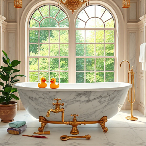 A visually engaging blog cover image depicting a bathroom remodel theme. The scene features an open bathroom with a freestanding soaking tub surrounded by draping plants, and a sleek minimalist vanity decorated with colorful tiles, quirky soap dispensers, and a stylish mirror that reflects warm light. The atmosphere is playful yet sophisticated, inviting viewers to envision transforming their own spaces. A whimsical rubber duck rests on the tub’s edge alongside a tiny potted succulent, adding charm. Vibrant towels hang artfully on a rod, and a playful geometric-patterned shower curtain enhances liveliness. Large windows flood the space with natural light, revealing lush greenery outside to evoke tranquility. The art style follows 'ConceptualArt', using a complementary color palette of soft pastels balanced with bold accents, including soothing blues and greens alongside vibrant yellows and corals, emphasizing a modern yet cozy feel for potential clients seeking bathroom remodeling inspiration.