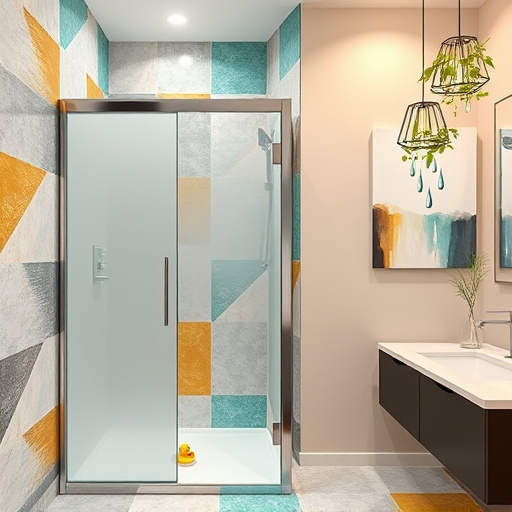 A vibrant abstract representation of a bathroom space featuring elegant fixtures, colorful tiles, and modern vanities. The image showcases splashes of relaxing blues, energizing yellows, and hints of fresh green to evoke calm and renewal, capturing quick, revitalizing bathroom transformations. Abstract waves swirl around a toilet and sink, symbolizing water flow and cleanliness, while playful geometric shapes represent scattered tiles. The mood is one of energetic optimism, perfect for homeowners seeking to enhance their spaces. Quirky details like whimsical toothbrushes and soap dispensers are illustrated in abstract forms, adding a lighthearted touch. The background includes beautifully blurred outlines of a house, suggesting community connection to Winchester, Kentucky, with soft sunlight glimmering through imagined walls for warmth. Bold brush strokes reflect spontaneity, embodying Abstract Expressionism, while the color palette aligns with themes of fresh beginnings and home improvement, serving as a visual representation of excitement and possibility for quick remodel solutions.